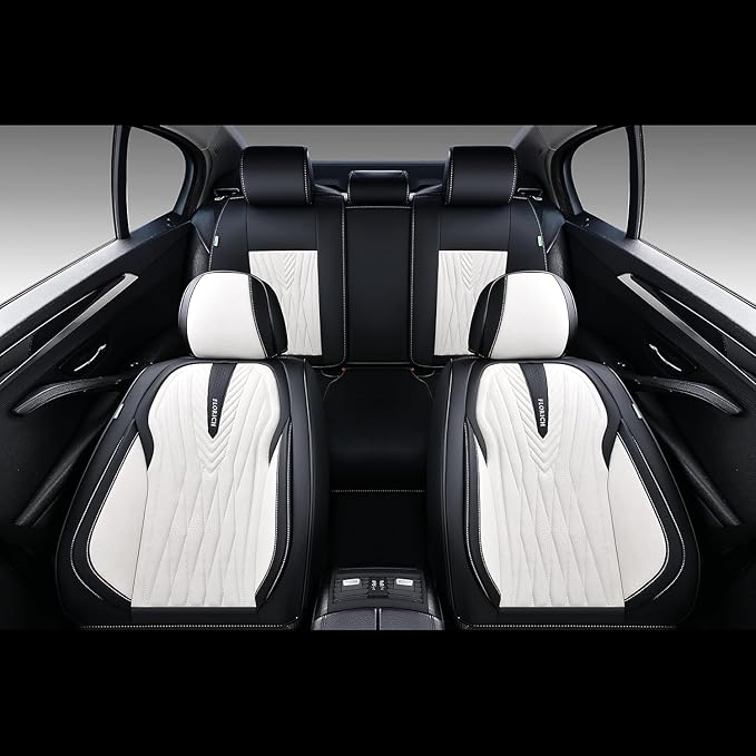 FLORICH Car Seat Covers Full Set, Leather Seat Covers for Cars 5 Seats, Waterproof Car Seat Protector,Automotive Seat Covers & Accessories Fit for SUV Sedan Truck-Black&White