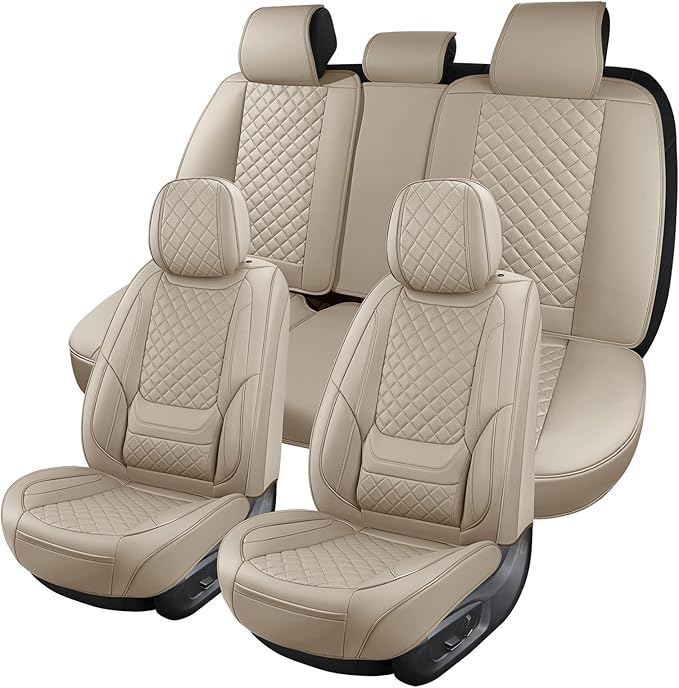 SCOMEE Beige Leather Car Seat Covers Full Set Breathable Seat Protectors Waterproof Automotive Seat Covers Universal Fit for Most Cars SUVs Trucks Vehicles