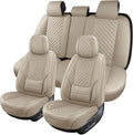 SCOMEE Beige Leather Car Seat Covers Full Set Breathable Seat Protectors Waterproof Automotive Seat Covers Universal Fit for Most Cars SUVs Trucks Vehicles
