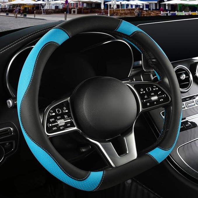 Binsheo Microfiber Leather D Shaped Steering Wheel Cover, Breathable, Anti Slip, 13.5 inch to 14 inch, Black with Blue