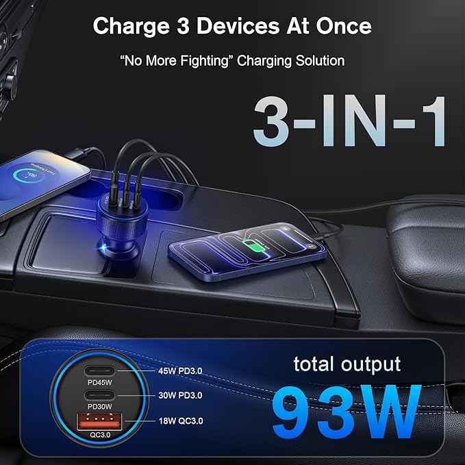 USB C Car Charger 5-Pack,93W 3-Port Dual USB-C & USB-A Fast Charge Cigarette Lighter USB Charger with PD+QC 3.0, Car Phone Adapter Accessories for iPhone 17/16/15 Pro Max,Samsung Galaxy S25/S24,iPad