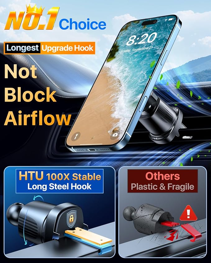 HTU 【Military-Grade】 for MagSafe Car Mount【Upgraded Strongest Suction】 Magnetic Phone Holder Cell Stand for Dashboard Windshield Vent,Truck Cradle for iPhone 17 Pro Max 16 15 14 13 12 Tesla, Black