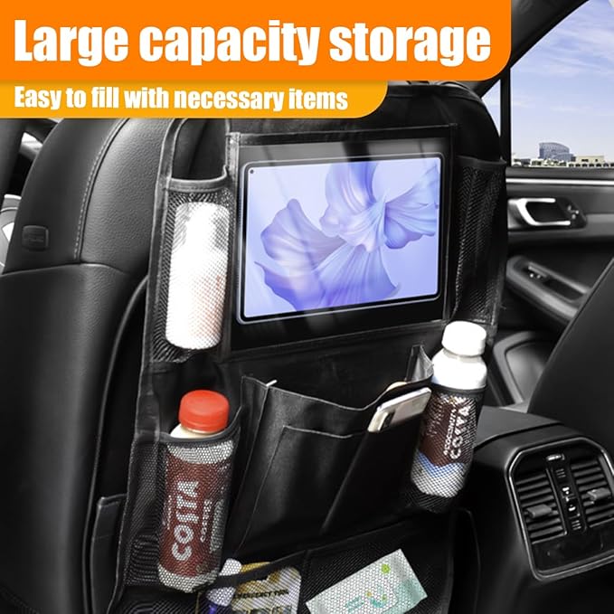 Car Backseat Organizer, Oxford Cloth Kick Mats Back Seat Protector with 9 Pockets & Clear Tablet Holder, Universal Waterproof Car Road Trip Essentials Storage Accessory (1PC)