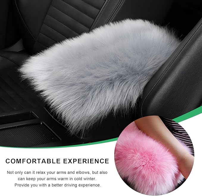 Furry Car Center Console Cover Pad, 11.8"×7.9" Auto Fluffy Plush Center Armrest Protective Cover, Comfortable Fuzzy Armrest Seat Box Protector Cushion for Cars Trucks SUVs (Light Gray)