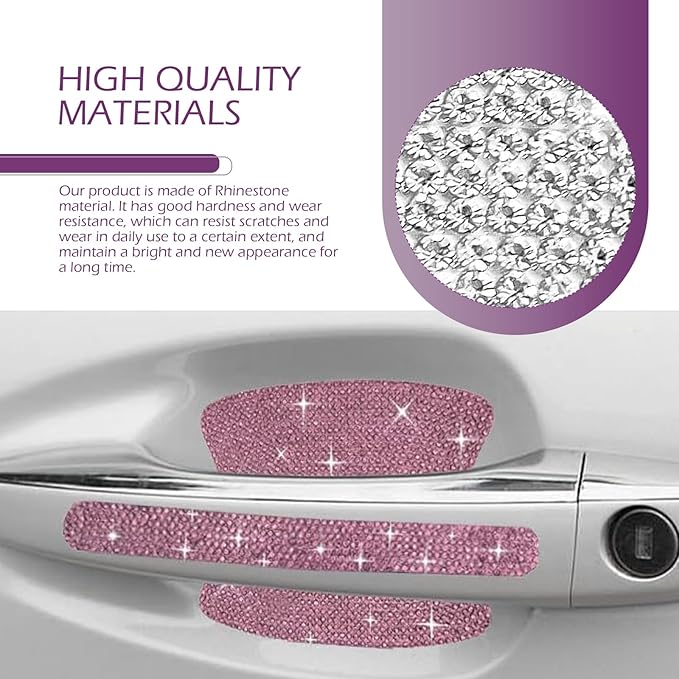 8PCS Bling Car Door Handle Protectors, Shiny Auto Doors Bowl Protective Sticker, Crystal Rhinestone Door Handle Scratch Decals, Auto Vehicle Protector Decor Covers (Pink)