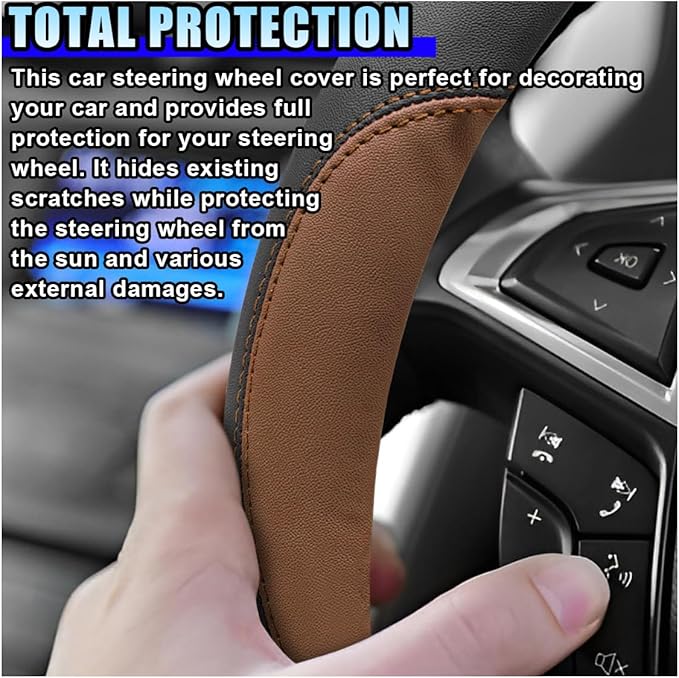 14.5"-15" Car Steering Wheel Cover, Microfiber Leather Breathable Wheel Cover, Anti-Slip Lining Steering Wheel Covers, Car Accessories Interior Decoration for Women Men (Coffee)
