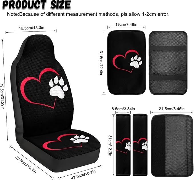 Psesaysky Love Heart Paw Full Set Car Interior Accessories Breathable Leather Front Seats Protectors, Auto Seat Belt Cover and Armrest Pad Cover,5 Pieces