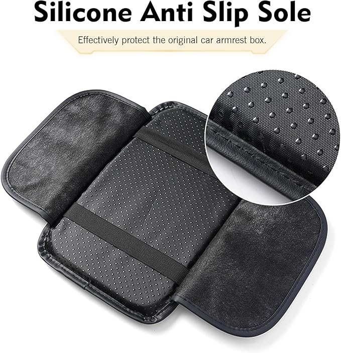 Car Center Console Cover, Leather Waterproof Armrest Cover Protector with 2 Side Storage Bags, 7.87" x 11.8" Comfort Anti-Slip Armrest Seat Box Pad, Universal for Most Cars (Black)