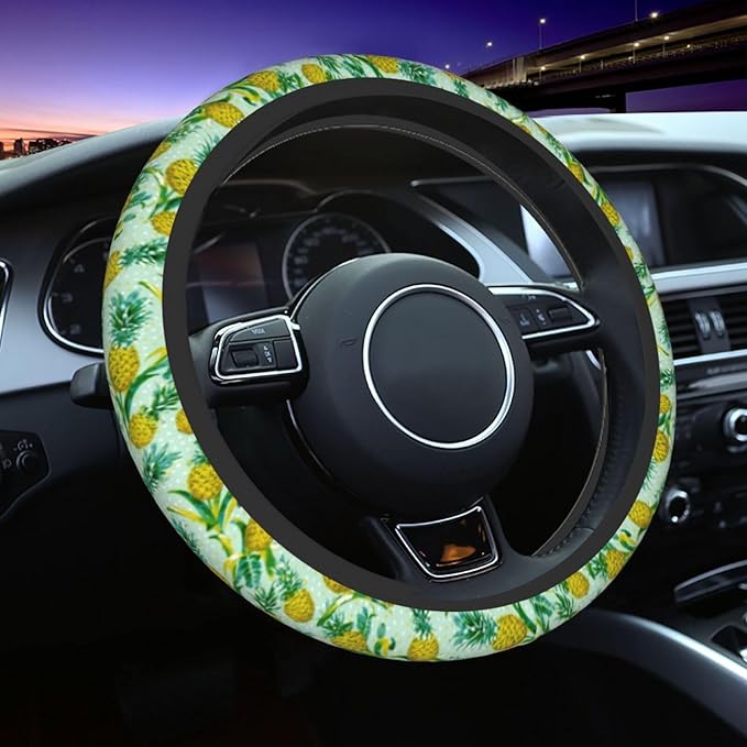 Pineapple Steering Wheel Cover Elastic Non-Slip Car Steering Wheel Covers with Seat Belt Shoulder Pad for Women Men