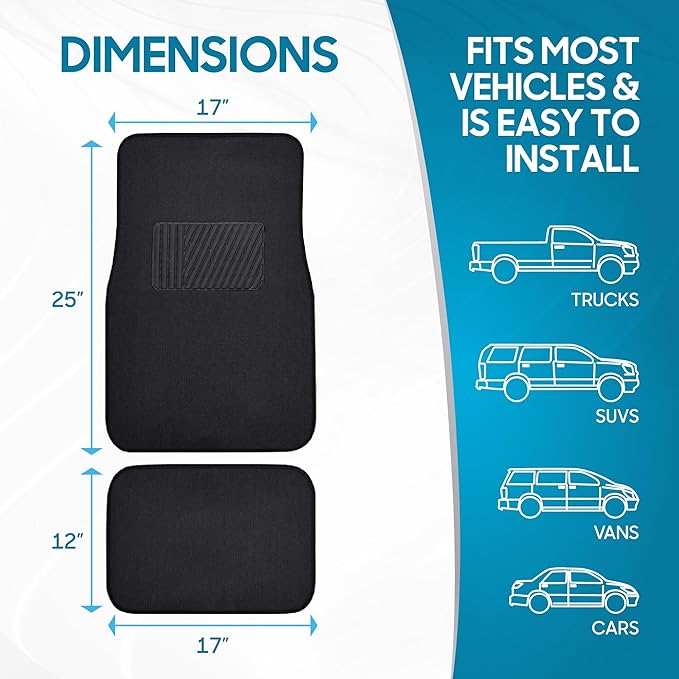 BDK Premium Black Carpet Floor Mats for Cars - Universal Fit Interior 4-Piece Car Mats Full Set with Vinyl Heel Pad Protector - Cute Car Accessories Interior Floor Covers for SUVs & Trucks