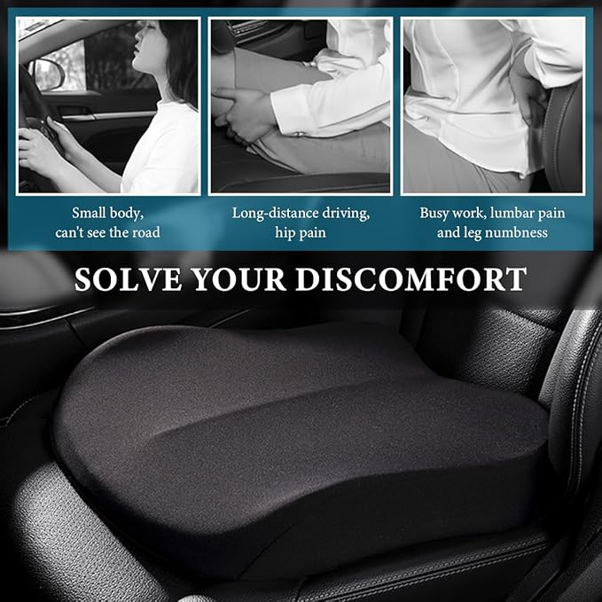Car Seat Cushion, Comfort Ergonomic Memory Foam Seat Cushion for Tailbone Back Pain Relief, Breathable Car Cushion Suitable for Short People Driver to Get Better View (Black)