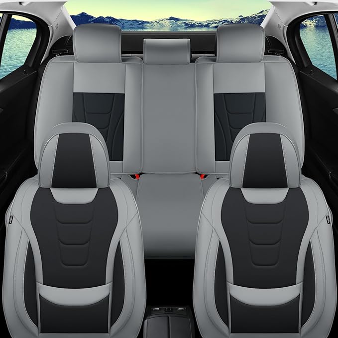 Gripure Car Seat Covers for Full Set – Waterproof & Breathable Faux Nappa Leather, 360° Wrap Design, Airbag Compatible, Lumbar Support, Great for Drivers Who Need Driving Comfort,Gray and Black