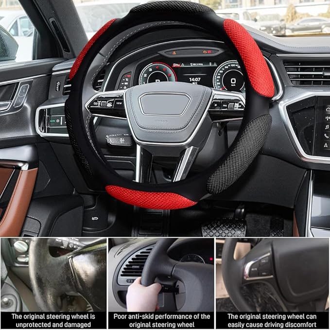 Car Steering Wheel Cover, Breathable Sporty Auto Wheels Wrap, 15 Inch Suede Steering Wheel Protector with Comfortable Grip, Steering Wheel Cover Hand Pad Cushion Slip-on for Cars (Black Red)