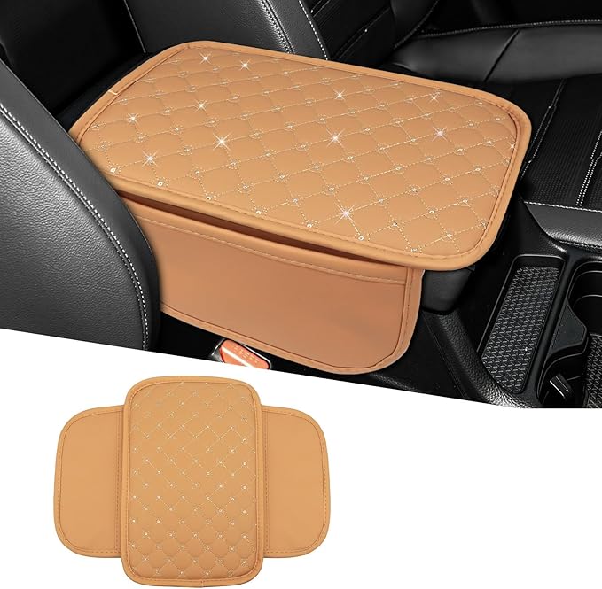wuyaoyao Bling Car Center Console Cover, 11.81"×7.87" Leather Auto Arm Rest Cover Protector with 2 Storage Bags, Vehicle Crystal Rhinestone Armrest Cushion Pad, Interior Car Accessories (Yellow)