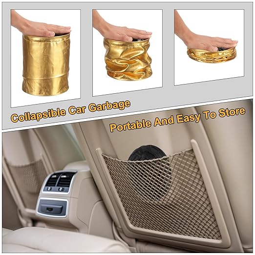 HARFINGTON 3 Packs Car Trash Can 0.9 Gallon Foldable Leak-Proof Garbage Organizer Portable Hanging Waterproof Truck Trash Bins for Van Automotive Vehicle Front Seat, Gold