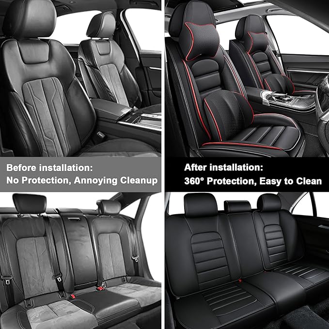 AREKA 5 Car Seat Covers for Subaru Crosstrek 2016-2026 Breathable Leather,Waterproof Car Seat Protectors with Comfort Headrest Pillows,Automotive Vehicle Cushion with Storage Pockets (Luxury,Redline)