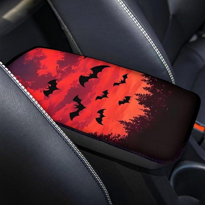 Mintutlipy Sunset Halloween Bat Car Center Console Cover Car Storage Box Mat Car Interior Accessories Easy to Install Clean Compatible with Most Cars