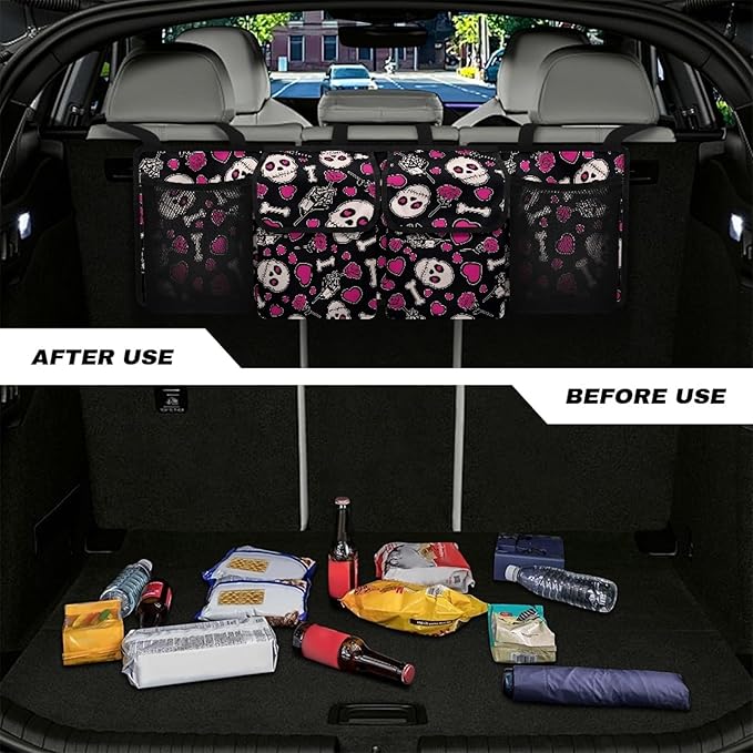 CLOHOMIN Skull Auto Truck Organizer Pink Heart Car Rear Seat Back Storage Bag for Women Collapsible Hanging Pocket Organizer with 4 Pockets Car Interior Accessories
