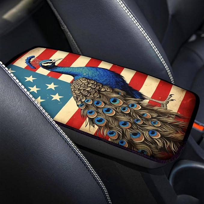 Car Center Console Pad, Universal Waterproof Car Armrest Seat Box Cover, Car Interior Accessories for Most Vehicle SUV Truck Vintage American Flag Peacock Car Armrest Pad