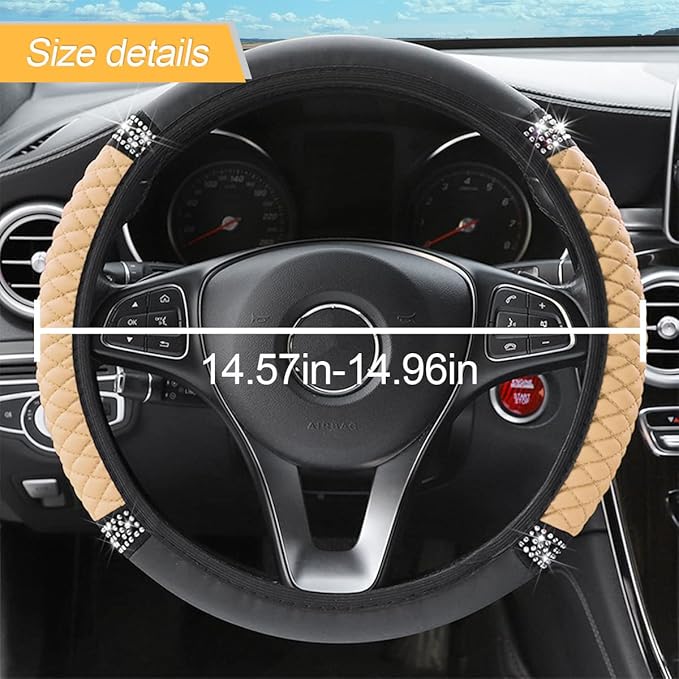 Leather Car Steering Wheel Cover, 15 Inch Colorful Rhinestones Elastic Auto Steering Wheel Protector, Bling Steering Wheel Cover for Women Men, Car Accessories for Cars, Vehicles, SUVs (Beige)