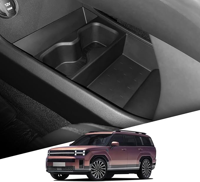 LUCKEASY Centre Console Lower Storage Box Suitable for 2024 2025 2026 Hyundai Santa Fe Centre Console Lower Space Organiser Tray with Water Cup Limiter TPE Tidy For Santa Fe Accessories Black