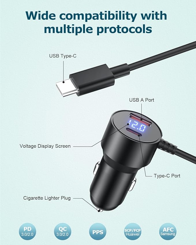 66W Car Charger for iPhone 17/16 Pro Max,PD & QC3.0 Super Fast Car Adapter with 5FT USB C Coiled Cable for iPhone 17/16/15 Pro Max,iPhone 17 Air,iPad Pro,Samsung Galaxy S25/S24/S23,Pixel 10,Android