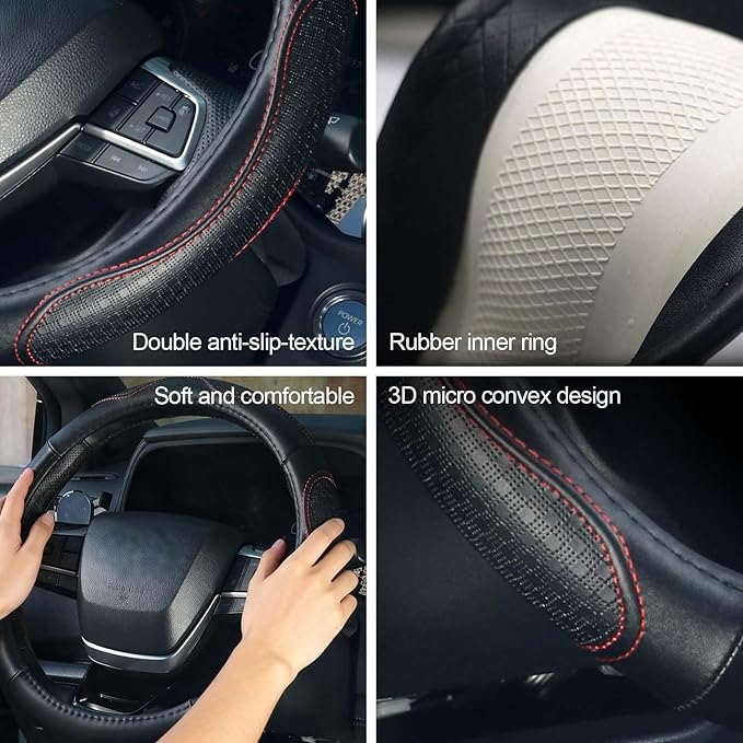 KAFEEK Genuine Leather Steering Wheel Cover 15 inches, Pure Cowhide Steering Wheel Cover Men Women, Car Accessories for Car SUV Truck, Black with Red line