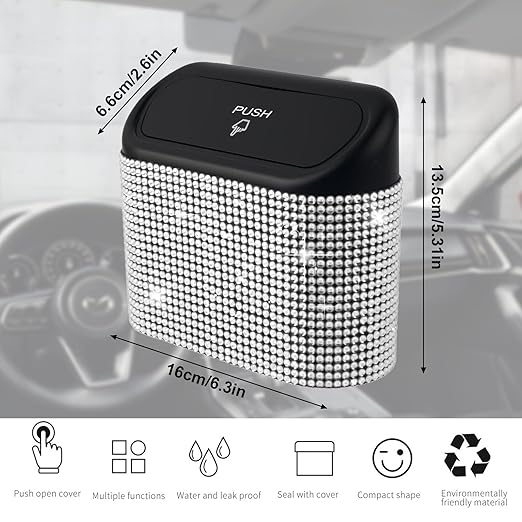 Bling Car Trash Can with Lid Mini Auto Garbage Bin Rhinestone Hanging Vehicle Trash Container Odor Proof Organizer (White)