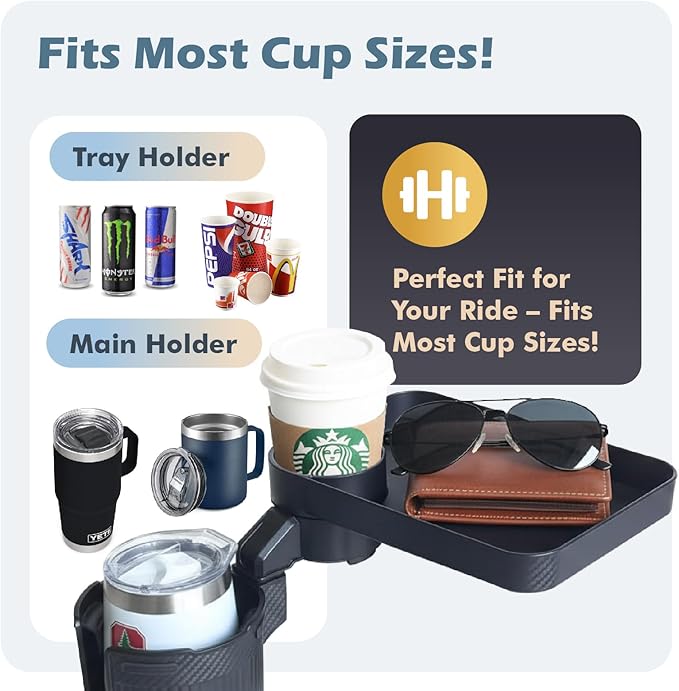 Car Cup Holder Tray, 3 in 1 Cup Holder Expander Adapter for Car, 360° Rotating Detachable 11" Car Food Tray Table for Eating, Road Trip Essentials Fits Yeti, Hydro Flask 16-46 oz, OtterVerz 11