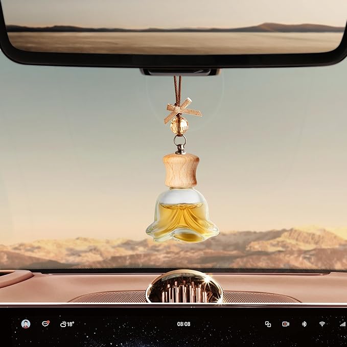 GTWYGT 6 Pack Leak-Proof Hanging Car Diffuser - 8ml Refillable Empty Bottles with Wood Caps, 3 Funnels & 2 Droppers - Essential Oil Air Freshener for Car, Home or Office (6, Rose)