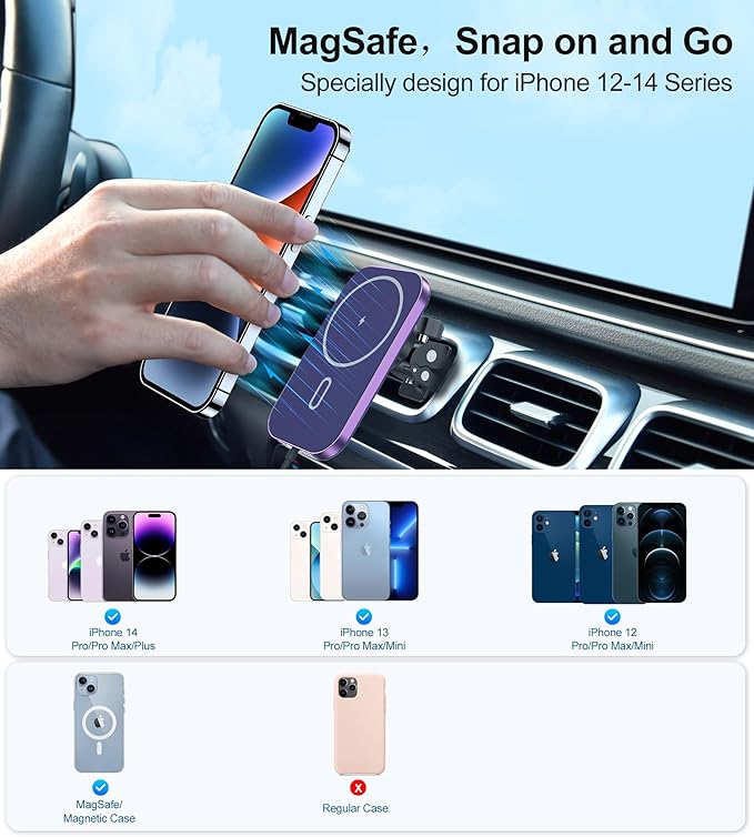 Magnetic Wireless Car Charger, 360°Adjustable Magnetic Air Vent Mount Compatible with MagSafe Car Charger, Compatible with iPhone 17/16/15/14/13/12 Pro Max Plus Mini, Mag Safe Case(Dark Purple)