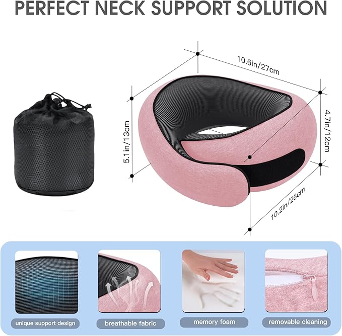 Dujuanus Neck Travel Pillows for Airplanes Memory Foam Neck Comfort Pillow Compact Ergonomic Design Sleeping Essentials for Long Flights Car Rides and Home Use (Pink)