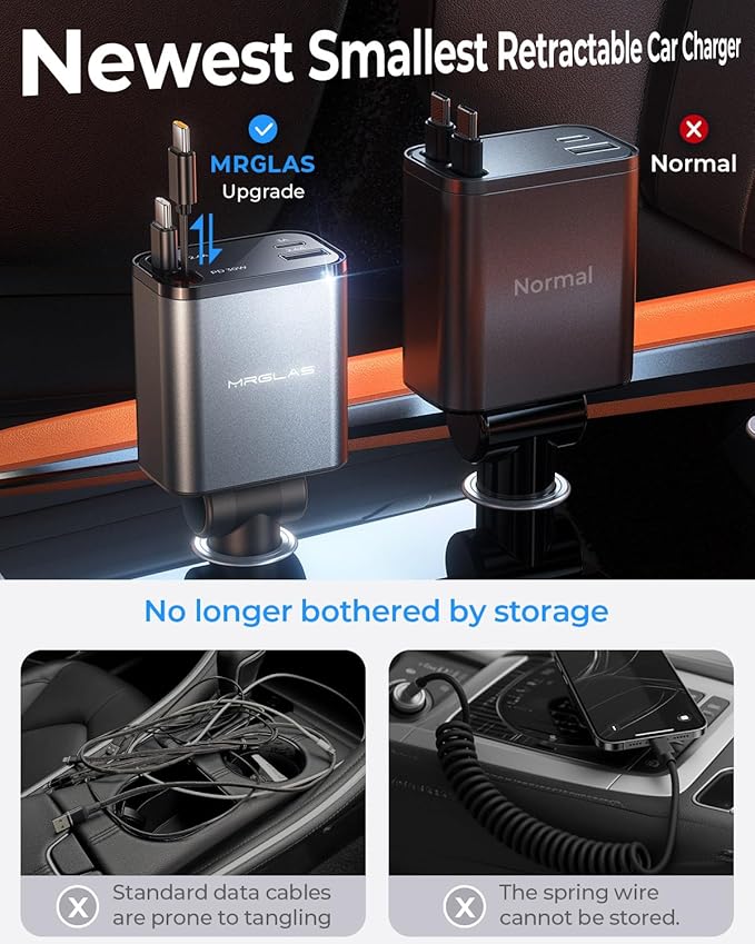 MRGLAS Retractable Car Charger for iPhone 17, 69W 4 in 1 USB C Car Charger Fast Charging with Type C Cable Cigarette Lighter Adapter for iPhone 17 16 Pro Max Samsung S25 iPad, Valentine's Day Gifts