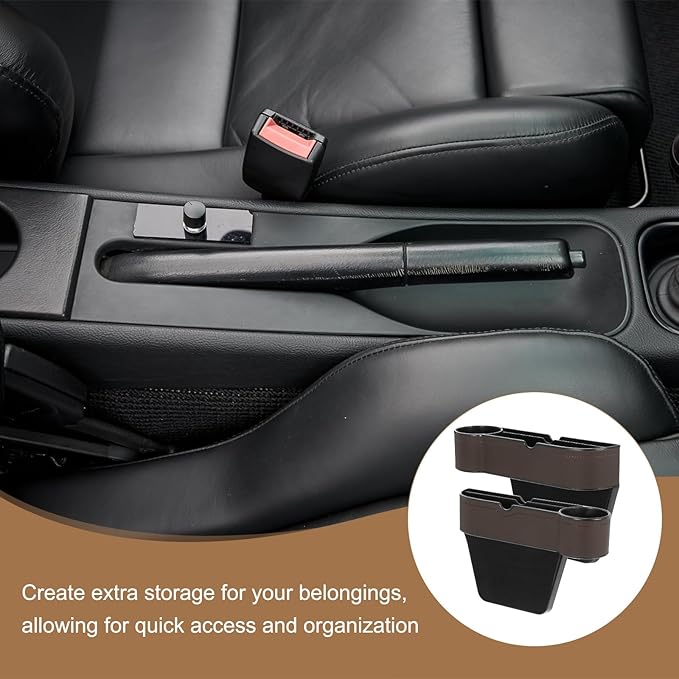 HARFINGTON Car Seat Gap Filler Organizer 10.6 x 7.1 x 2.8 Inch ABS+Leather Universal Car Organizer Storage Box Between Seat and Console (Left) with Cup Holders for Phone Keys, Brown