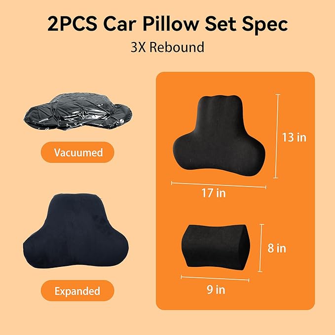 Car Lumbar Support & Neck Pillow Set, High-Density Memory Foam Headrest and Soft Back Pillow for Driving, Ergonomic Vehicle Back Support, Adjustable Vehicle Head Rest Pillow, Black Car Accessories