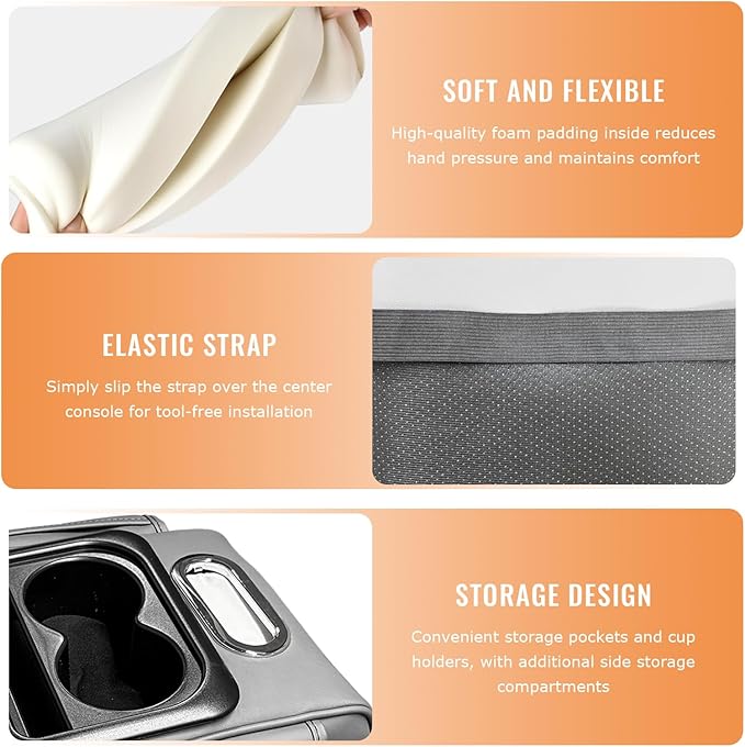 Car Center Console Armrest Pillow, 5-in-1 Armrest Cushion w/ 2 Side Bags, Tissue Box Slot, Cup & Phone Holder, Multifunctional Leather Auto Arm Rest Cover Storage Organizer (Gray, Normal)