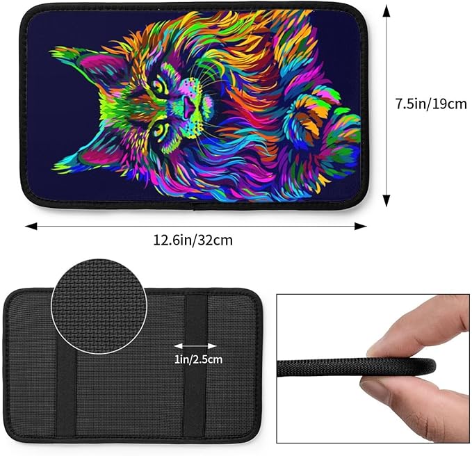 Neon-Colored Maine Coon Cat Portrait Universal Center Console Armrest Cover Pad Car Armrest Protector for Most Cars, Suvs & Trucks, Cushion with Easy Installation