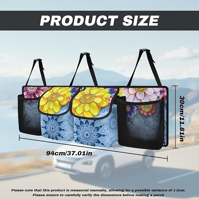 Large Capacity Car Trunk Organizer Blue Mandala Floral Flowers Hanging Cargo Storage Bag with Lid Trunk Storage Bag,Easy to Install