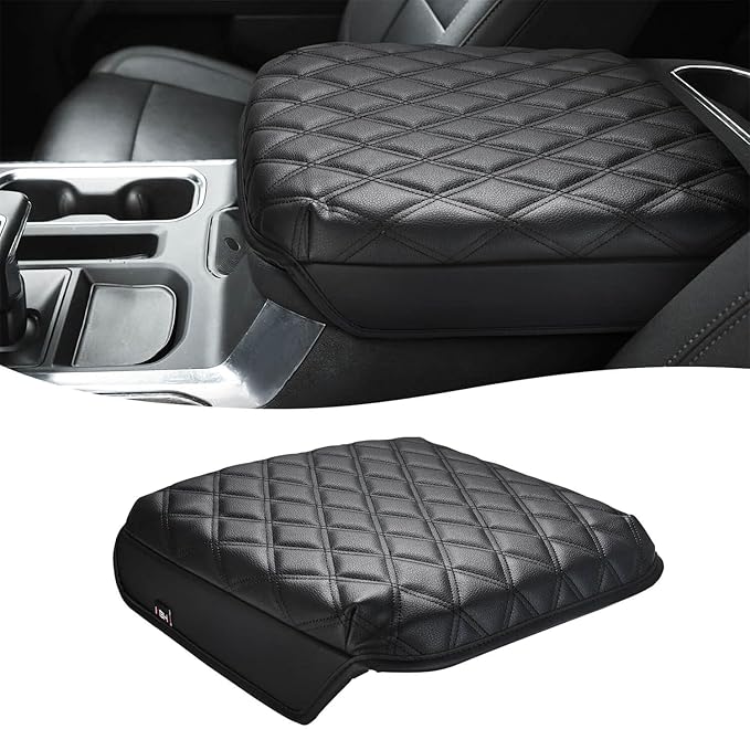 KBH Center Console Armrest Cover for Chevy Silverado & GMC Sierra 2019-2026, Tahoe & Suburban & Yukon 2021-2026, Vinyl Leather Trim, Bucket Seat, Black-Double Stitch