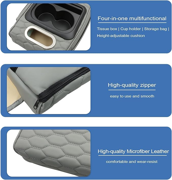 AOUTTUOA Gray Car Center Console Cover Universal Car Multifunctional Armrest Heightening Pad Microfiber Leather with Built-in Tissue Box & Cup Holder & Phone Storage Slot & Side Pockets
