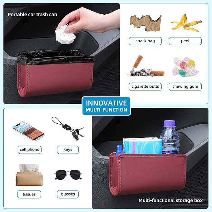 Car Trash Can, Universal Leather Cars Garbage Bin Organizer Holder with A Roll of Garbage Bag, Foldable Hanging Mini Automotive Storage Must Have Essentials Interior Accessories (Wine Red)