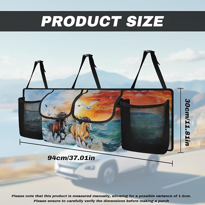 Back Seat Trunk Organizer Running Horses Seagull Hanging Car Organizer Trunk Foldable Cargo Storage with Pockets& 3 Adjustable Straps 37.01x11.81 inch,Car Decoration