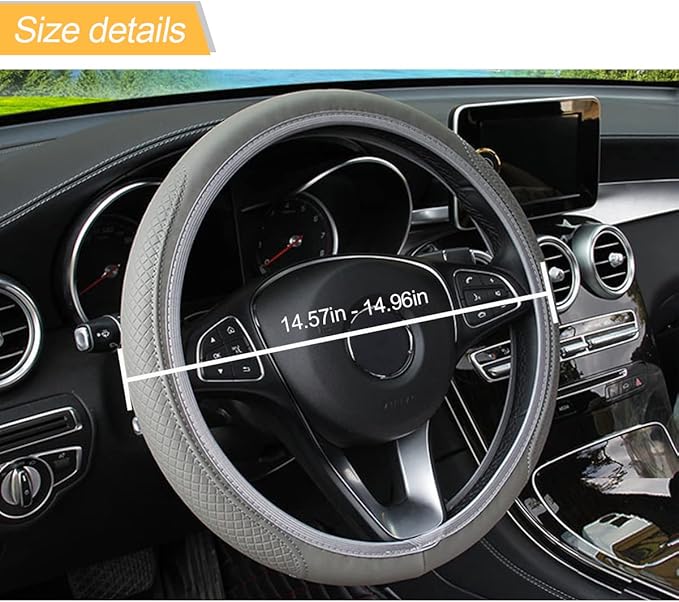 Leather Car Steering Wheel Cover, Anti-Slip Breathable Microfiber Leather Steering Wheel Protector for Women Men, Universal 15'' Elastic Soft Odorless, Car Accessories for Car, Truck, SUV (Gray)