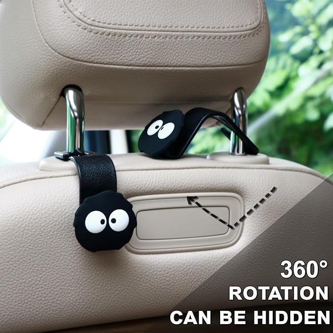 Cute Soot Sprite Car Seat Headrest Hooks, 2 Pack 360° Rotation Kawaii Car Accessories, 44LBS Heavy Duty Universal Car Purse Hook for Bags Coats, Black Cartoon Vehicle Holder (Sprite-Eyes)
