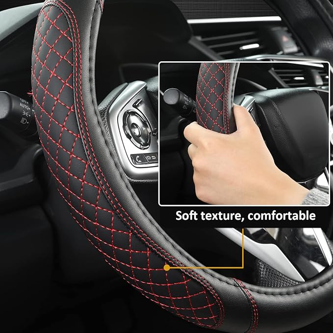 West Llama Customized Auto Car Steering Wheel Cover for Chevy Silverado,Tahoe,Equinox,Traverse,Trailblazer,Colorado (Diamond Quilted-Black+Red-Standard Size)