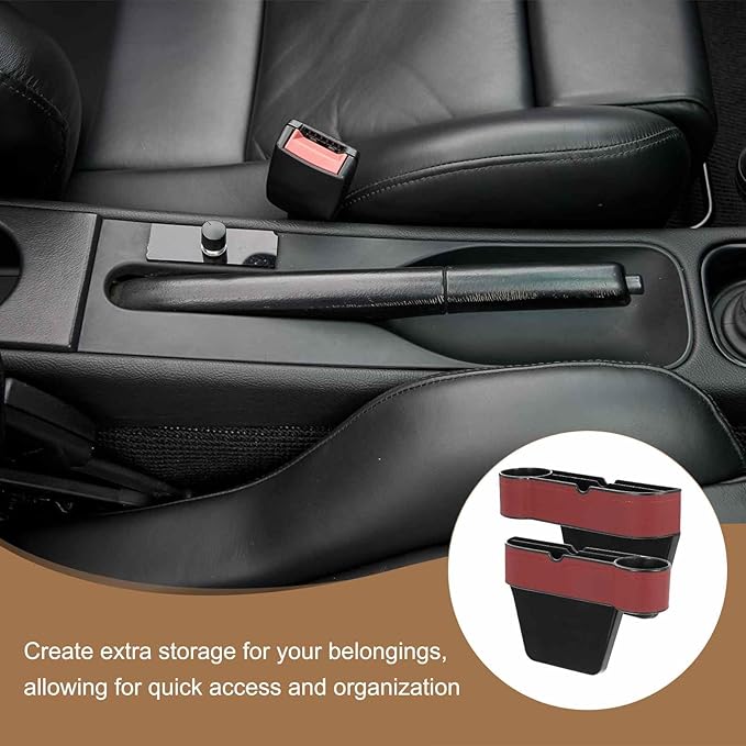 HARFINGTON Car Seat Gap Filler Organizer 10.6 x 7.1 x 2.8 Inch ABS+Leather Universal Car Organizer Storage Box Between Seat and Console (Left) with Cup Holders for Phone Keys, Wine Red