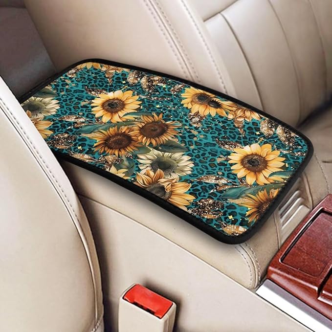 Sunflower Leopard Print Center Console Armrest Cover Flower Floral Arm Rest Seat Box Covers Protector Blue Vintage Car Decor Accessories Padding for Most Cars Sedans Vans Truck SUVs
