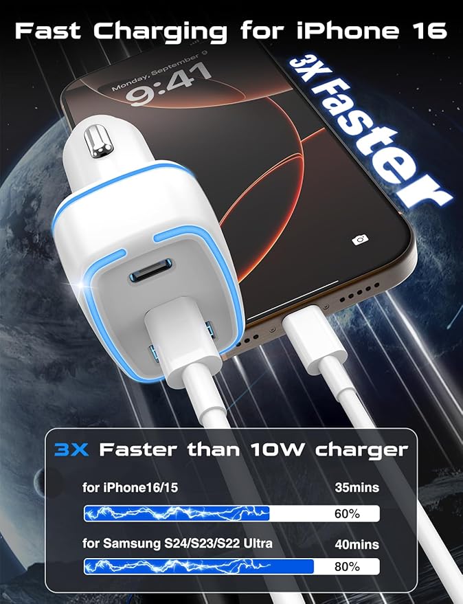 USB C Car Charger, 3 Port PD Super Mini Cigarette Lighter Adapter, 2Pack USB-C & A Fast Car Charging for iPhone 16/15 Pro Max, Galaxy S25/S24, iPad, Pixel, Android Phones,White