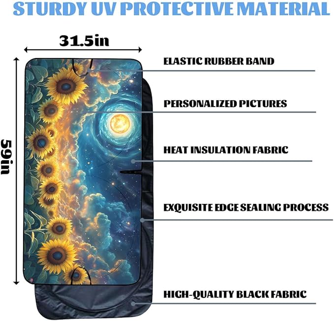 Starry Sunflower Car Window Sun Shield Dreamy Universe Blue Sky Stars Front Window Sun Shade Blocks UV Rays Sun Visor Protector for Car Sedan Truck SUV Accessories 59" L x 31.5" W