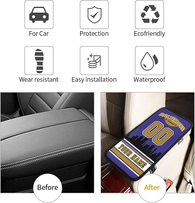 Custom Baltimore Car Armrest Covers Personalized Football Style with Name Number Customized Auto Center Console Pad Car Handrail Box Cushion for Most Vehicle Decor Accessories, Fans Gift